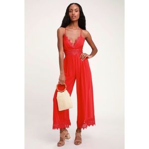 LuLus Red Lace Culotte Jumpsuit